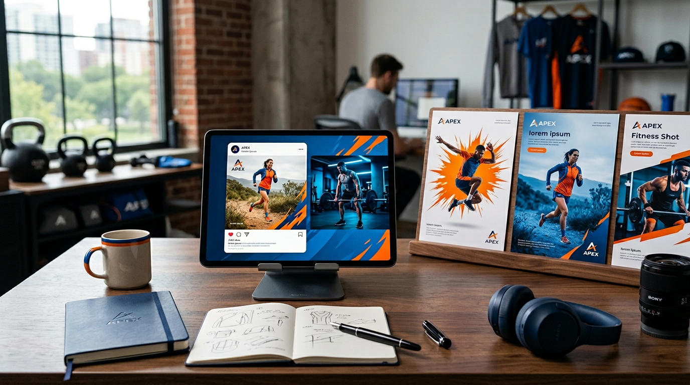 Advertising creative mockups for a fitness brand launch campaign.