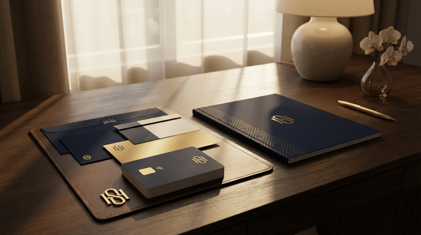 Premium branding materials and creative direction assets on a desk.